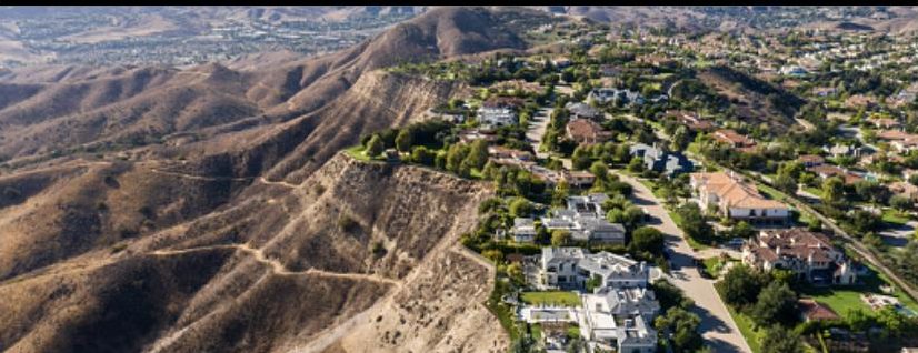 Aerial view of Calabasas, California luxury homes along the hillside