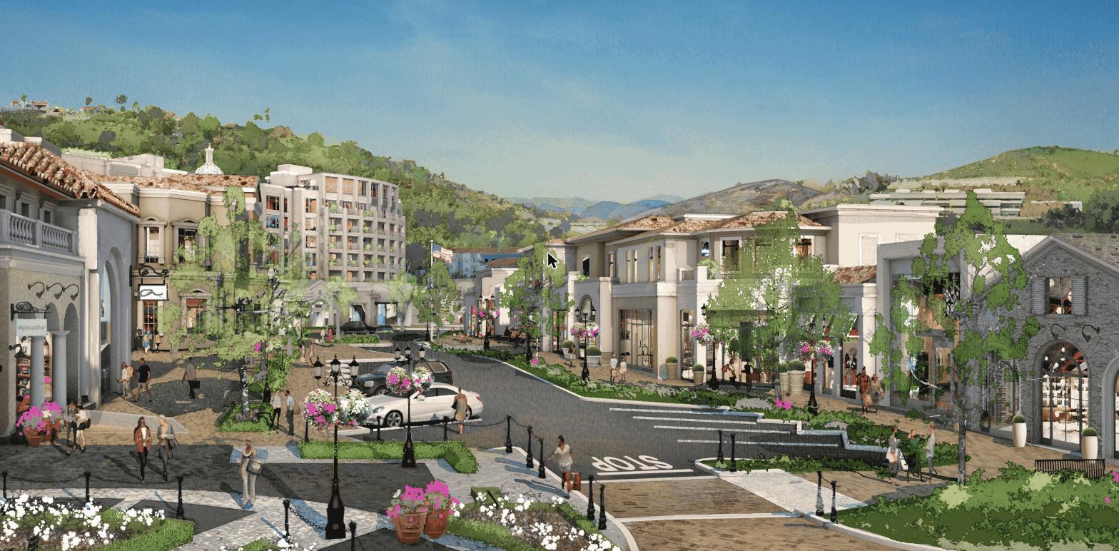 Rendering of the new Commons Lane development at The Commons at Calabasas with luxury apartments, shops, and a pedestrian paseo